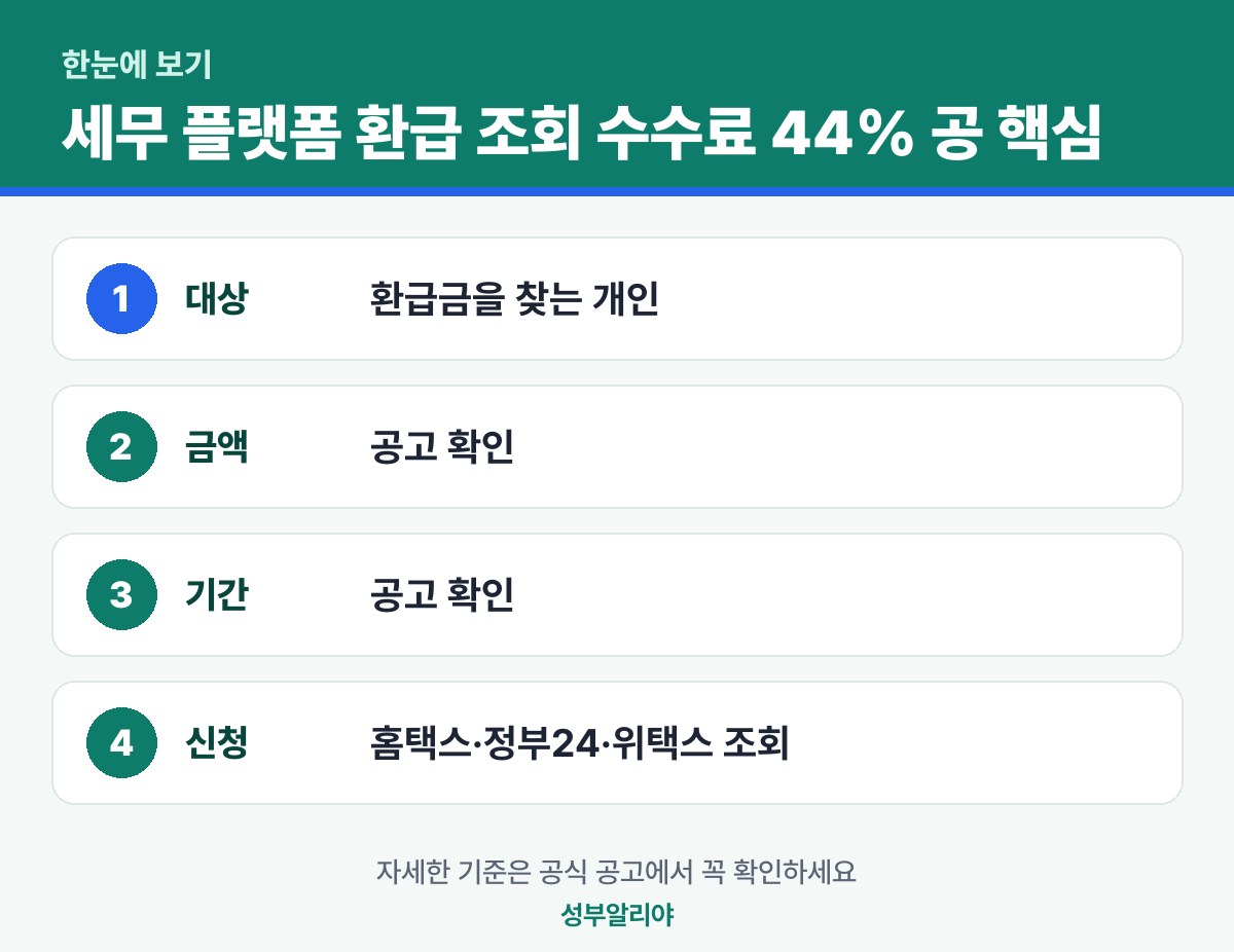 세무 플랫폼 환급 조회 수수료 44% 공정위 한눈에 보기 — 대상·금액·기간·신청