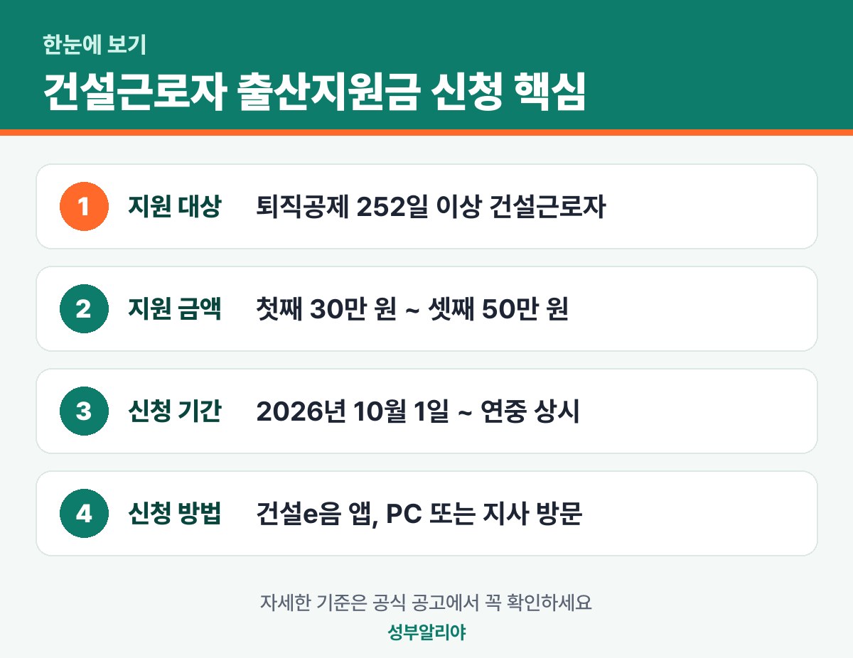 건설근로자 출산지원금 신청 한눈에 보기 — 대상·금액·기간·신청