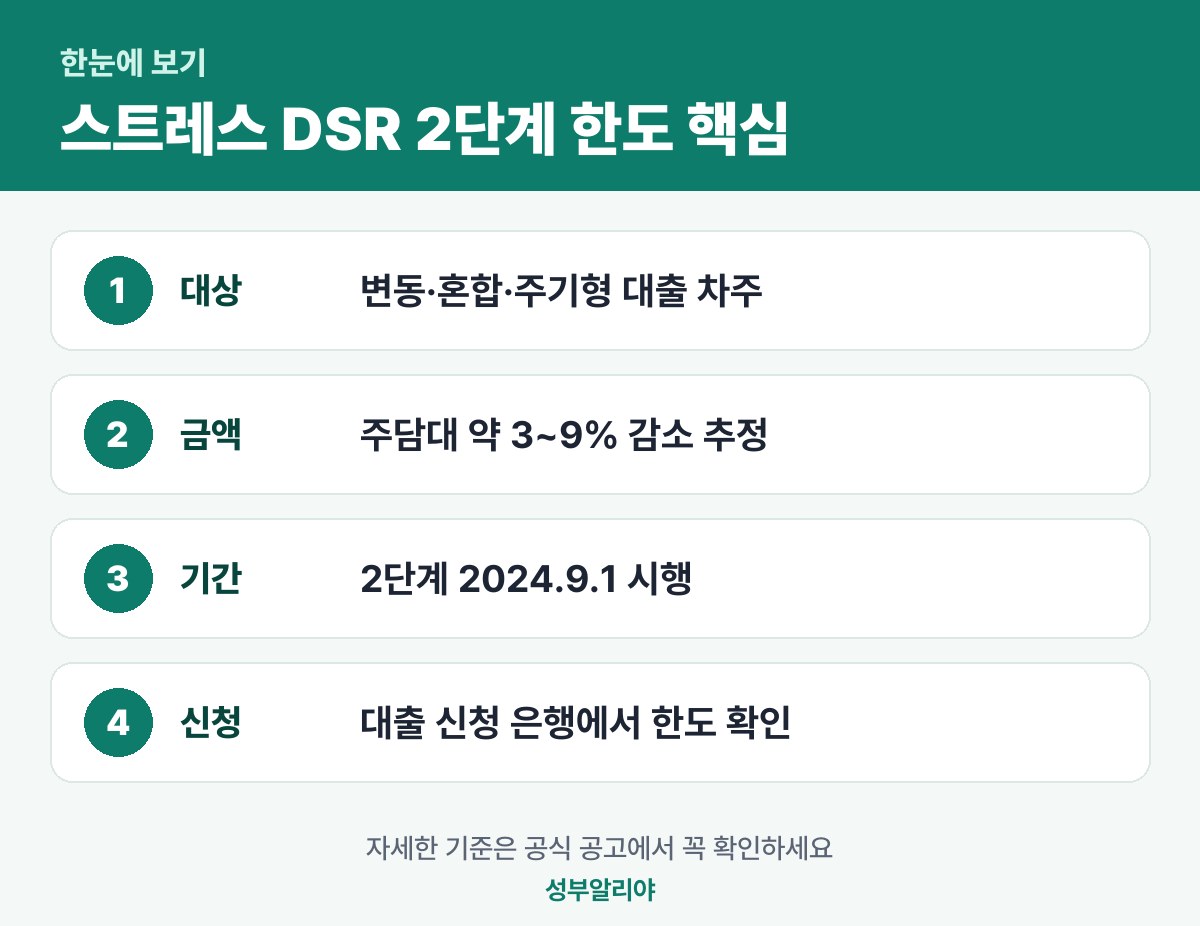 스트레스 DSR 2단계 한도 한눈에 보기 — 대상·금액·기간·신청