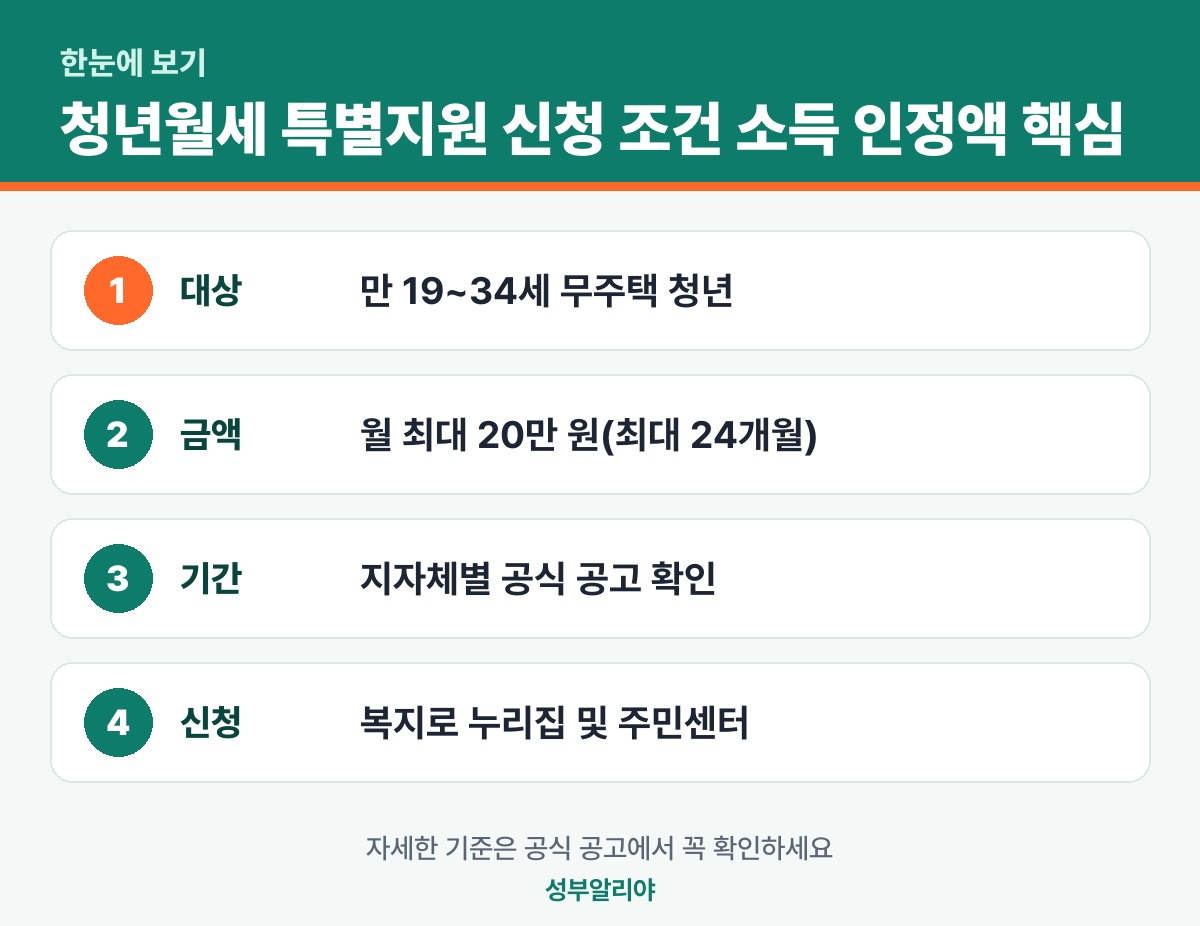 청년월세 특별지원 신청 조건 소득 인정액 한눈에 보기 — 대상·금액·기간·신청