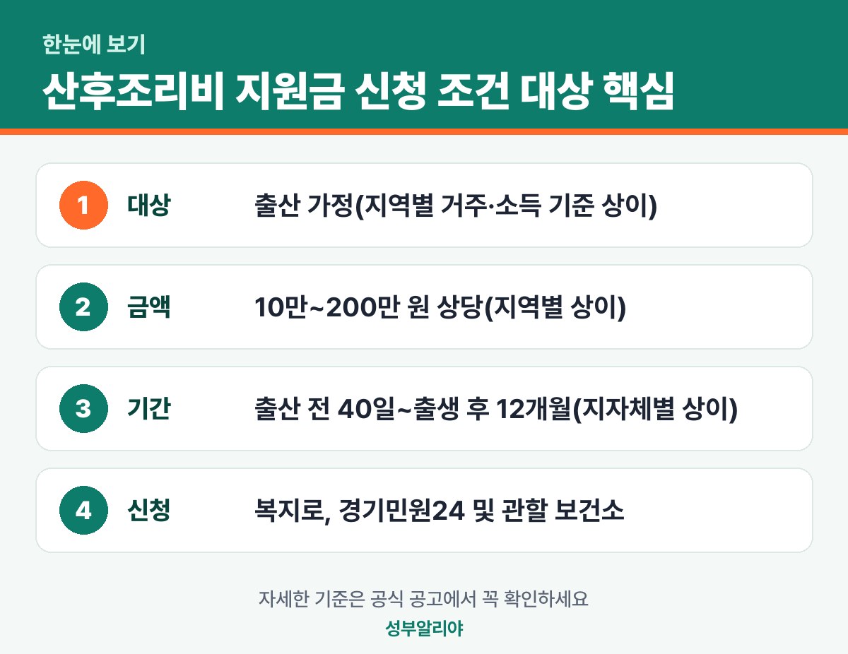 산후조리비 지원금 신청 조건 대상 한눈에 보기 — 대상·금액·기간·신청
