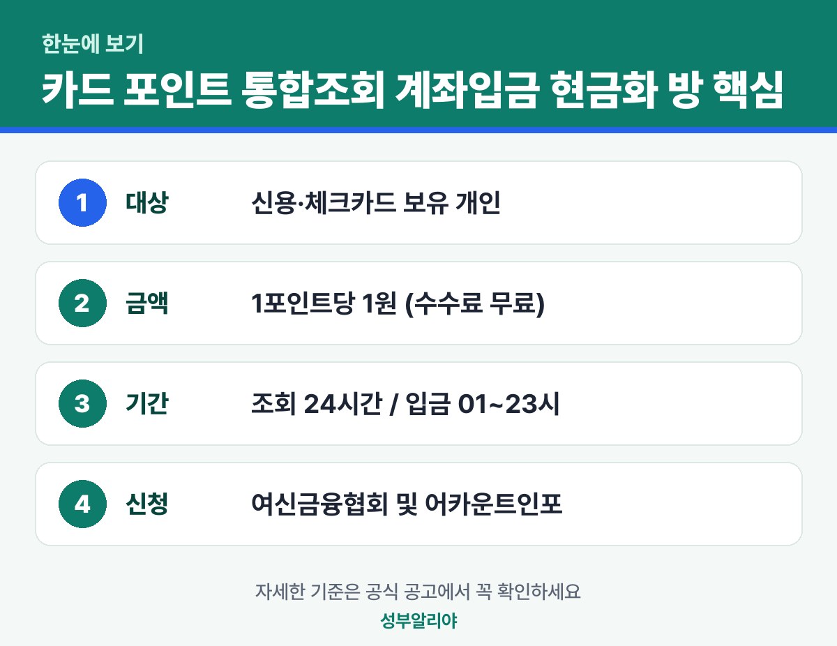 카드 포인트 통합조회 계좌입금 현금화 방법 한눈에 보기 — 대상·금액·기간·신청