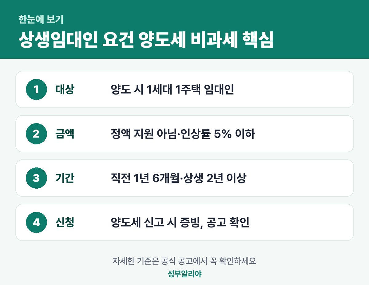 상생임대인 요건 양도세 비과세 한눈에 보기 — 대상·금액·기간·신청