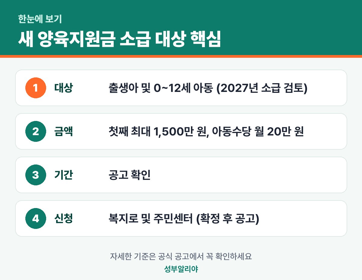 새 양육지원금 소급 대상 한눈에 보기 — 대상·금액·기간·신청