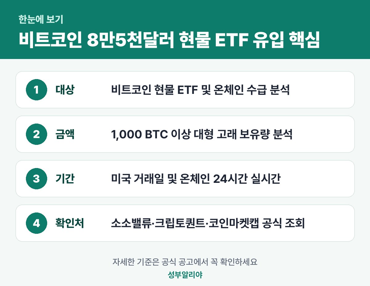비트코인 8만5천달러 현물 ETF 유입 한눈에 보기 — 대상·금액·기간·신청