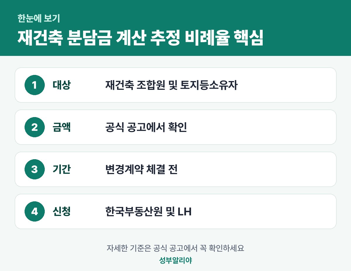 재건축 분담금 계산 추정 비례율 한눈에 보기 — 대상·금액·기간·신청