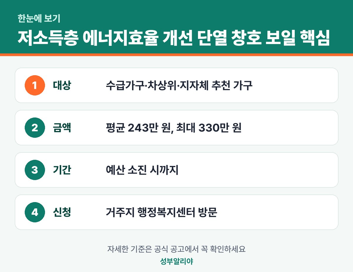 저소득층 에너지효율 개선 단열 창호 보일러 330만원 한눈에 보기 — 대상·금액·기간·신청