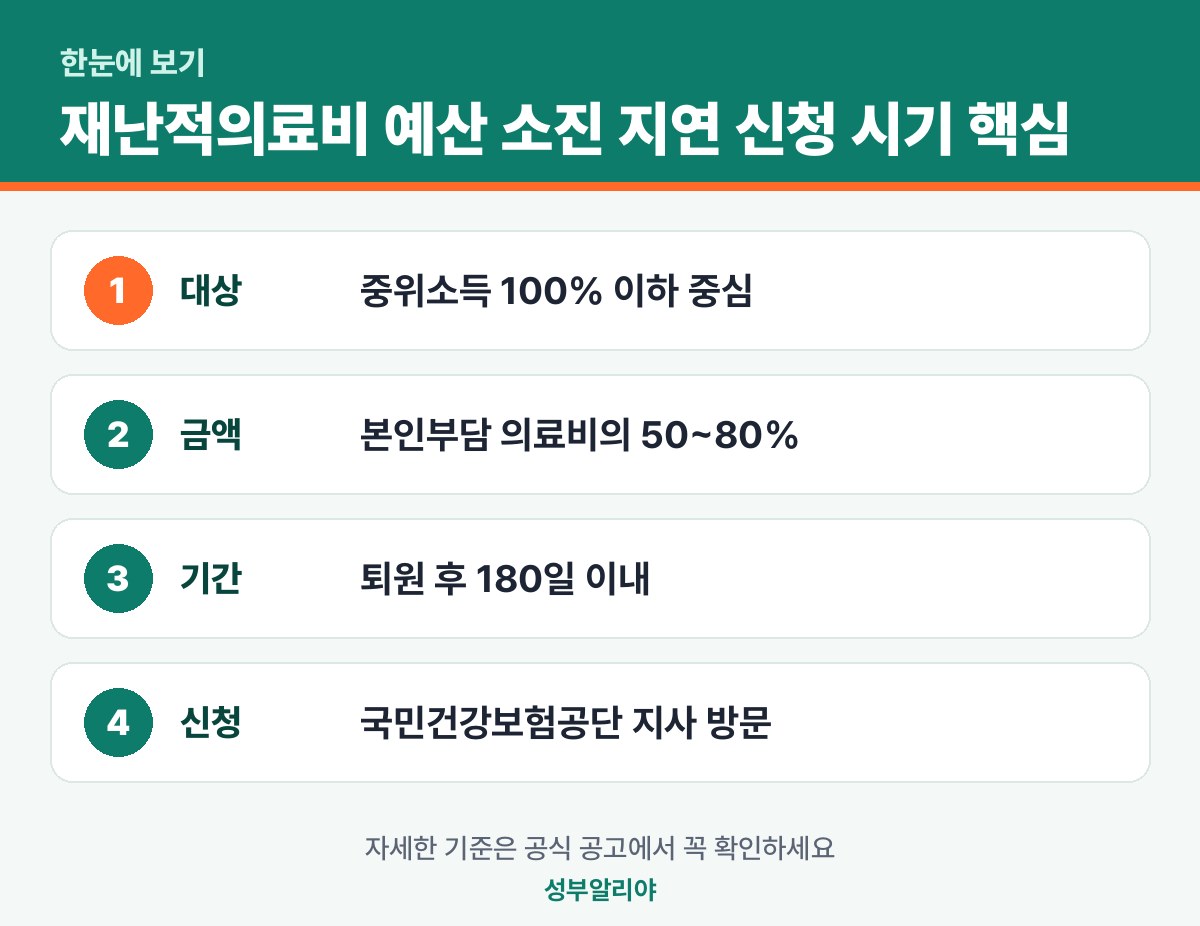 재난적의료비 예산 소진 지연 신청 시기 한눈에 보기 — 대상·금액·기간·신청