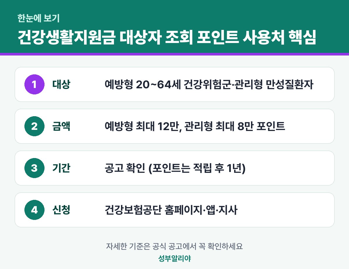 건강생활지원금 대상자 조회 포인트 사용처 한눈에 보기 — 대상·금액·기간·신청